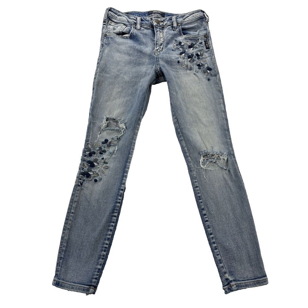 Silver Womens Jeans 28x27 Blue Izzy Ankle Skinny Denim Floral Distressed Boho